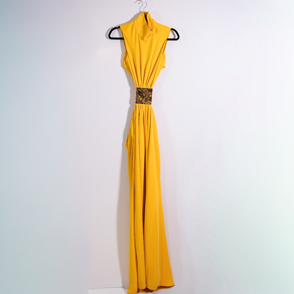 Alexis Yellow Maxi Dress with Embellished Waist